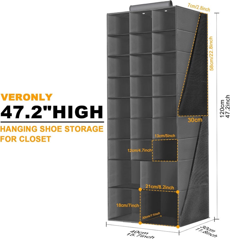 VERONLY Hanging Shoe Organizer for Closet, Closet Hanging Shoe Storage Rack Holder Shelves,Collapsible Shoe Closet Organizers and Storage with 4 Large Side Pockets,25 Sections for Shoes,Hats,Clothes(Gray) - Image 2